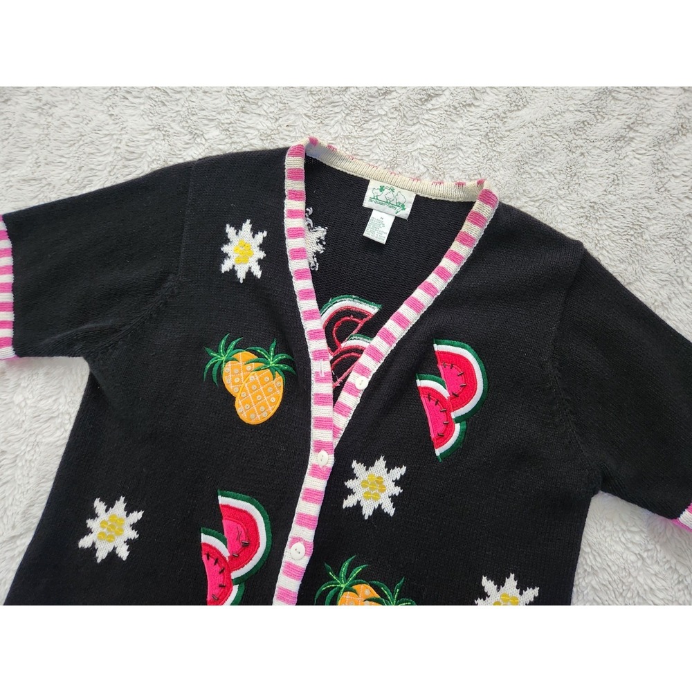 Quacker Factory Vintage Cardigan M Black Fruit Sequin Watermelon Pineapple Knit